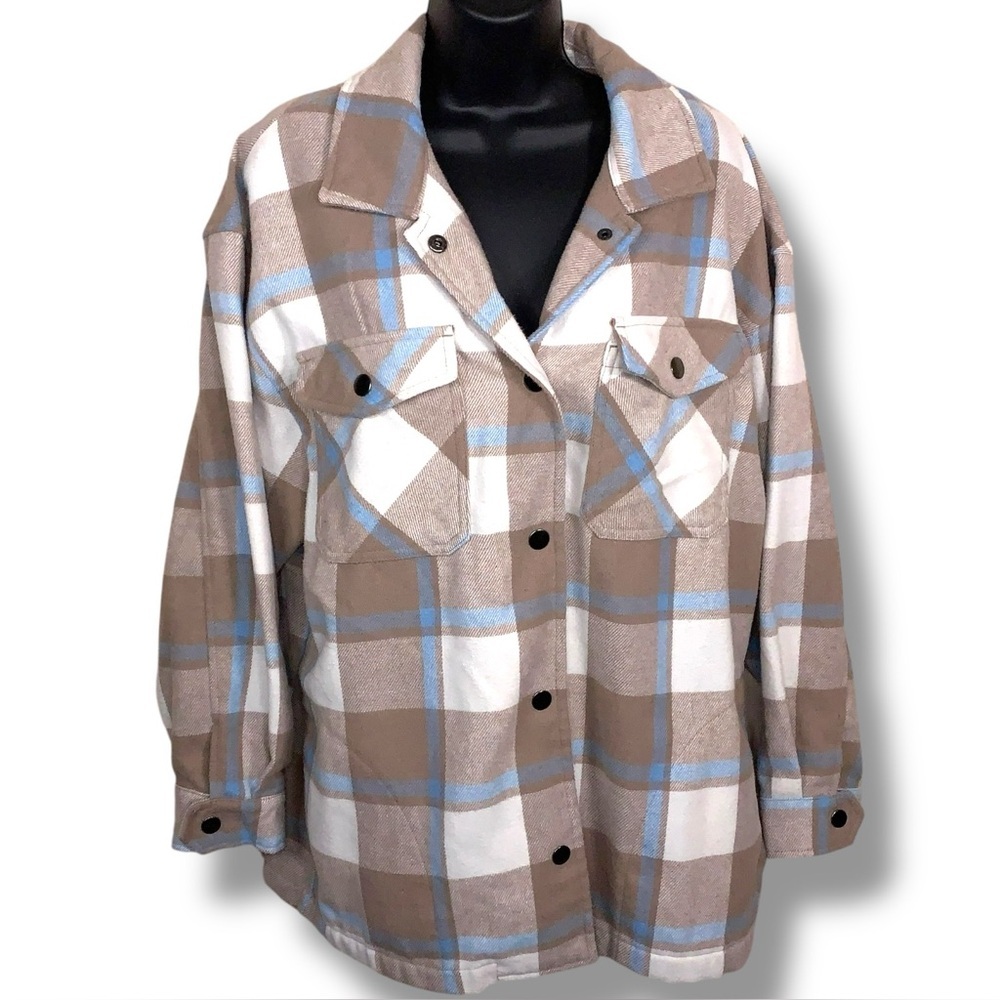 Medium HFX Flannel Shirt Jacket Snap Button Closure Beige Blue Plaid Wool Blend